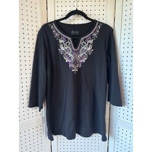 D & Co. Women's‎ M 3/4 SLV Black Purple Embroidered Tunic Tee Blouse Keyhole